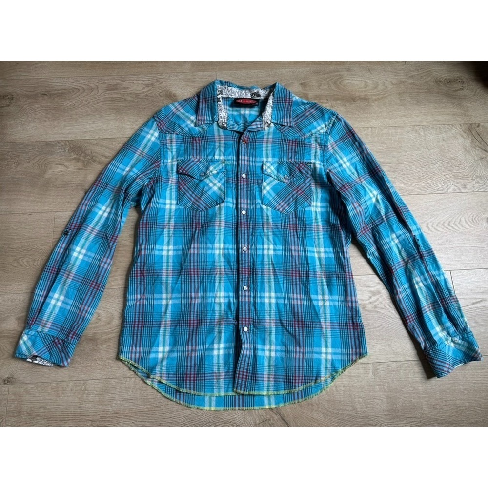 EUC Mens Mambo long sleeve western pearl snap button up roll tab plaid‎ size M